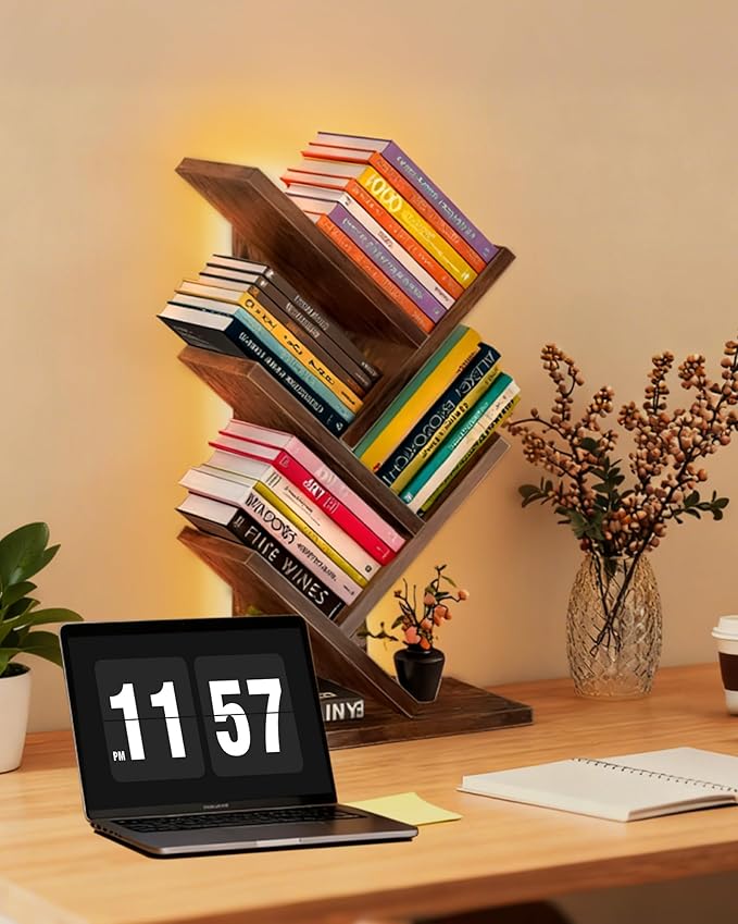Godferyxin Bookshelf with Liting,Small Bookcase LED and Desktop Book Shelf for Office, Home or School Small Bookshelf for Wood Displaying Books, CDs, Magazines Wood Book Rack-Mini Bookcase
