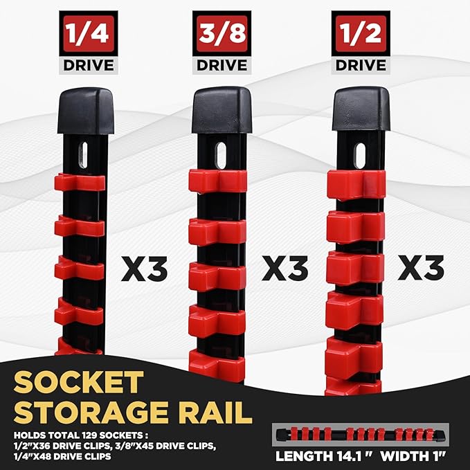 Socket Organizer Set 9PCS ABS Socket Holder Kit, 1/4-Inch x 48 Clips, 3/8-Inch x 45 Clips, 1/2-Inch x 36 Clips Socket Set Organizer, Drive Socket Tray, Socket Holders Clip Socket Rail, Red