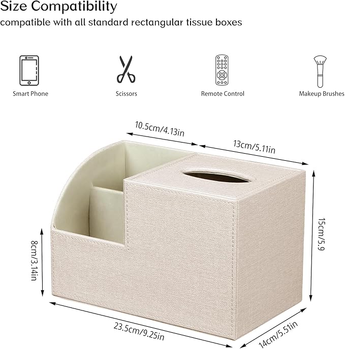 Square Tissue Box Cover with Storage, PU Leather Cube Tissue Box Holder, Remote Control Nightstand Organizer, Modern Desk Caddy for End Table, Bathroom, Bedroom, Home, Office Decor
