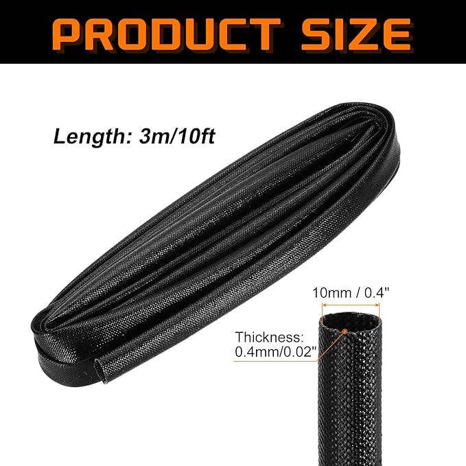 MECCANIXITY 10ft Braided Cable Sleeve, 0.4" ID 200C Heat Resistant 1500V Fiberglass Wire Insulation Cord Protector Organizer Wires Management for Motor Engine Fuel Line, Black