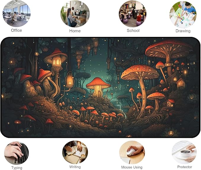 Mushroom Forest Desk Mat, Anime Mouse Mat XXL, Retro Large Gaming Keyboard Mouse Pad, with Non Slip Rubber Base and Stitched Edges Full Desk Pad, Natural Landscape Desktop Decor 31.5"X15.7"