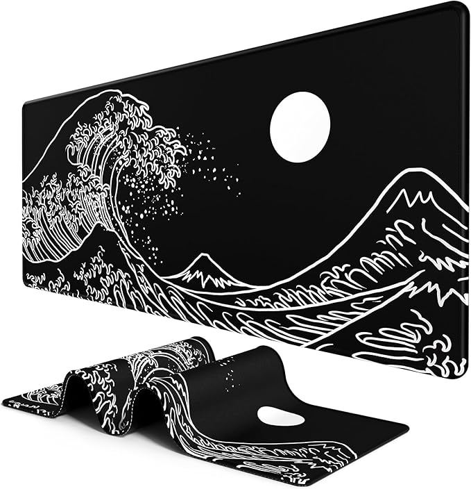 BOSOBO Large Mouse Pad, XXL XL Extended Gaming Desk Mat for Office & Home, Long Keyboard Mat, Desktop Full Cover 35.5 x 15.7 Inches, Art Japan Kanagawa Wave Black