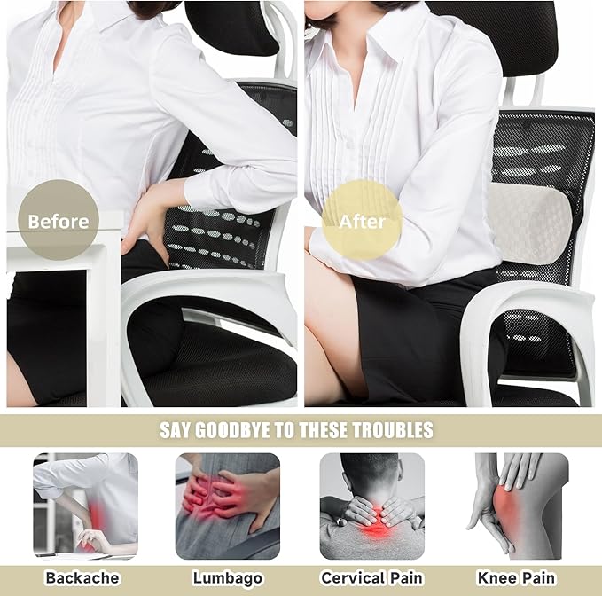 Lumbar Roll Pillow for Lower Back, Lumbar Support Foam Roll Cushion with Pillowcase and Upgraded Strap for Office, Chair, Car, Seat Pain Relief & Improving Posture (Cream, Long-15 * 4.3'')