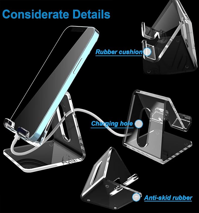 Crpich Acrylic Cell Phone Stand, Portable Phone Holder, Clear Phone Stand for Desk, Compatible with Phone16 15 14 13 12 Pro Max 11 Xr Plus SE, Switch, Android Smartphone, Pad, Desk Accessories, 2 Pack