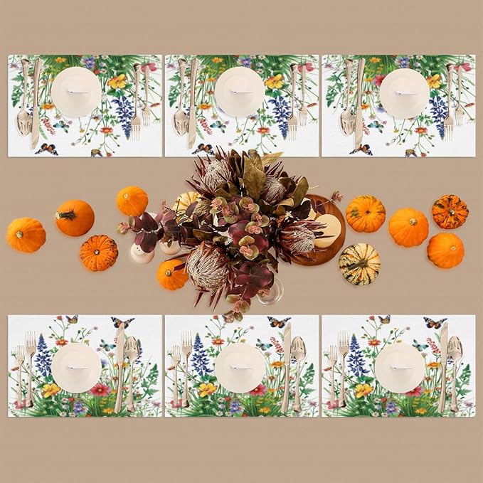 Placemats Set of 4 Heat-Resistant Rectangle Place Mats Grass Flower Floral Washable Plastic PVC Dining Table Mat Non-Slip Wipeable Woven Vinyl Placemat for Kitchen Patio Table Decor