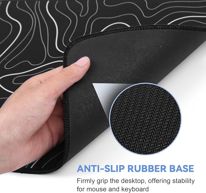 DIGSOM Mouse Pad Gaming Mousepad 31.5 x 11.8in Large Mouse Pad for Keyboard and Mouse with Anti-Slip Rubber Base, Keyboard Pad XL Mouse Mat for Home and Office（Black with White Topographic Line）