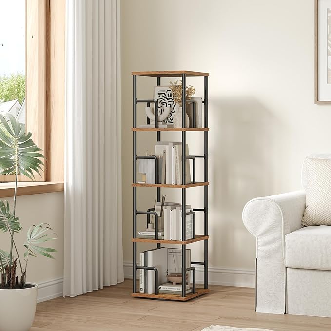 MAHANCRIS 4-Tier Rotating Bookshelf, Freestanding Corner Bookshelf, 360° Spinning Bookcase, Industrial Style Storage Rack with Rails, for Living Room, Bedroom, Study, Rustic Brown and Black BKHR1501