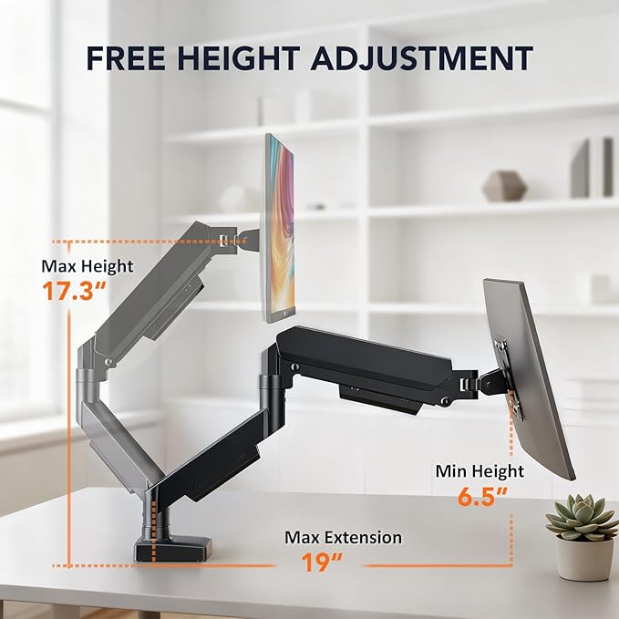 Single Monitor Mount, Gas Spring Arm for 17-32 inch Screens Adjustable Monitor Stand, Vesa Mount Stand with Clamp and Grommet Aluminum Base - Fits 4.4 to 22lbs LCD Computer Monitors HD09B-001