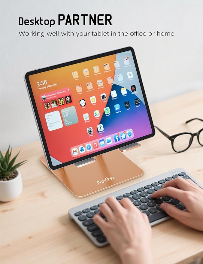 Aoviho Tablet Stand Holder for Desk Adjustable Tablet Holder, Foldable Aluminum Desktop Tablet Holder for iPad Samsung Galaxy Tabs Amazon Kindle Fire,All Tablets 4-12 inch, Gold