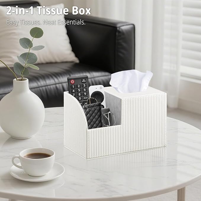 Square Tissue Box Cover with Storage, PU Leather Cube Tissue Box Holder, Remote Control Nightstand Organizer, Modern Desk Caddy for End Table, Bathroom, Bedroom, Home, Office Decor