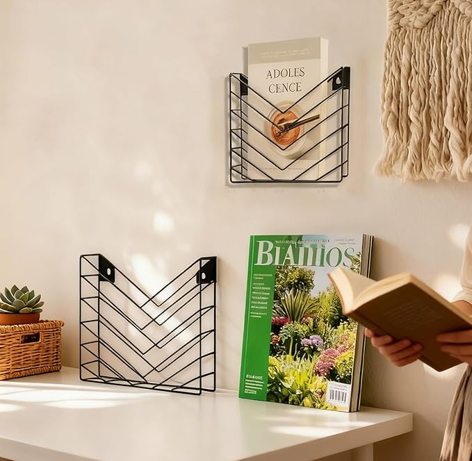 CROISSANT Black Wall Mounted File Organizer,Metal Magazine Basket, Concave Wall Mounted Magazine Rack, Suitable for Hanging File Folders for Office Living Room (Black, 4 Pack)
