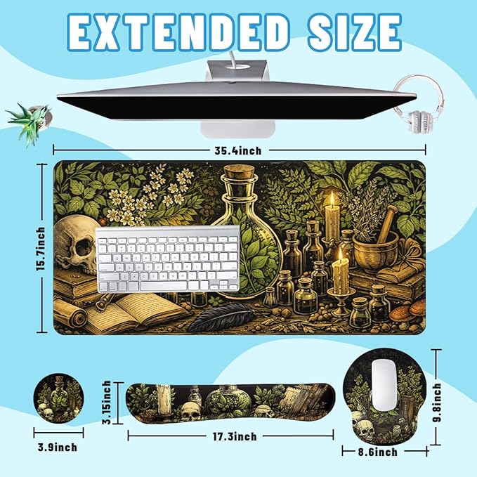 Dark Alchemy Desk Mat Set Witch Herbal Skull Study Large Mouse Pad with Wrist Rest 4in1 Desk Mat for Desktop Ergonomic Computer Desk Arm Wrist Anti-Slip Computer Mouse Pad Home Office Gaming