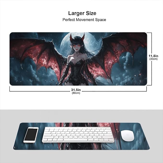 Anime Desk Mat Dark Fantasy Medieval Bat Wings Moon XL Mouse Pad Large Mousepad Extended Laptop Keyboard Mat Gaming Desk Pad Mouse Mat 31.5"x11.8" Office Computer Keyboard Laptop Home
