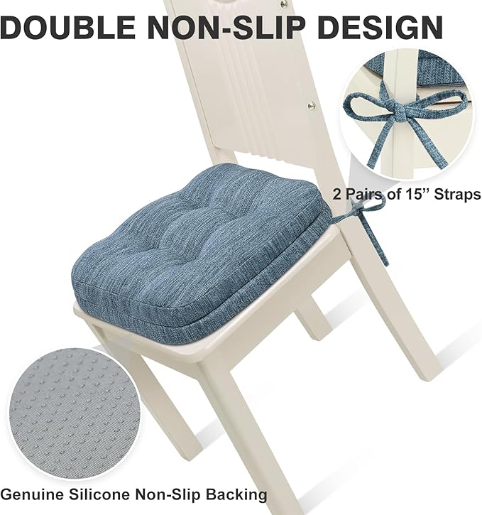 Shinnwa Dining Chair Cushions Set of 2, Dual-Layer Memory Foam Kitchen Chair Cushions, Patented Design Seat Pads with Ties, 16.5 x 16.5 x 3.5in, 2 Pack, Denim Blue