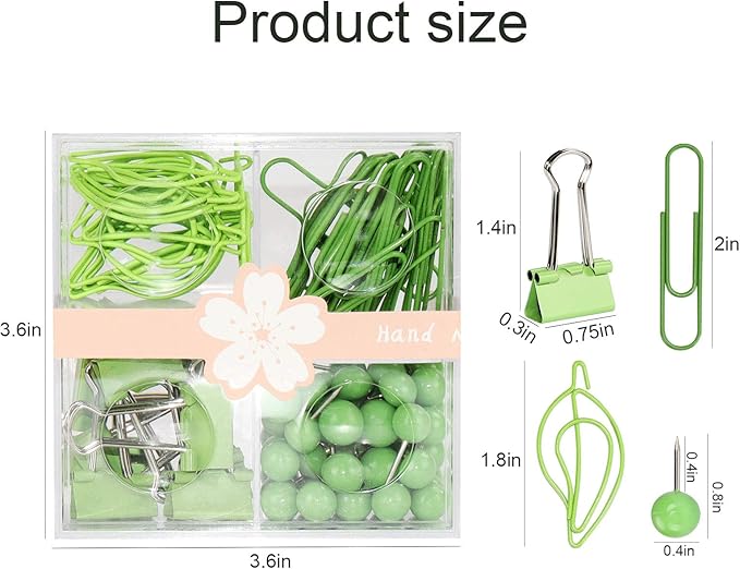 Green Desk Accessories Kit - Cute Leaf & Heart Paper Clips, Binder Clips, Push Pins in Square Organizer Box - Aesthetic Office Supplies, Teacher Desk Must Haves for Women, Work Space Decor (Green)