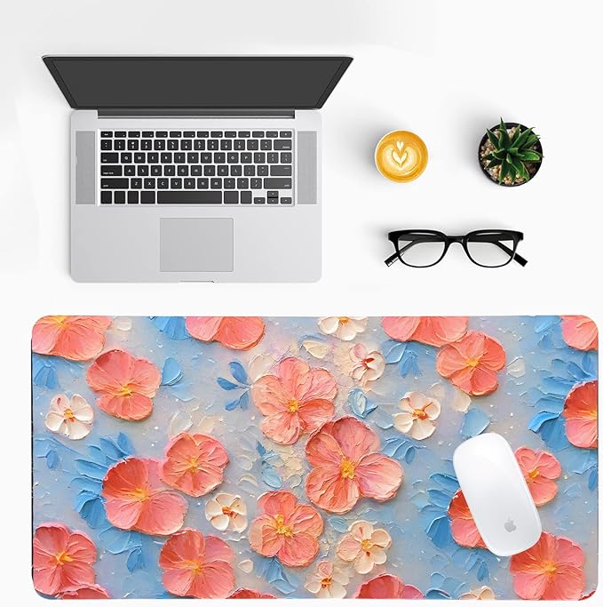 Oil Painting Flowers Desk Mat for Women, Large PU Leather Desk Pad with Non-Slip Base, Aesthetic Office Keyboard Cover for Gaming & Home Work, Artistic Desk Decor (27.56 * 13.78in)
