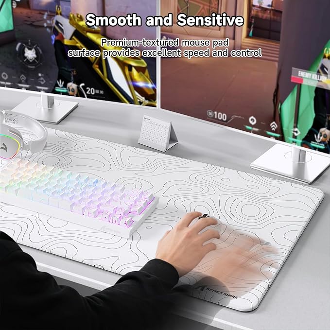 ATTACK SHARK CM02Pro Gaming Mouse Pad for Esports Speed Large Mouse mats for Desk Waterproof Surface Stitched Edges and Anti-Slip Rubber Base Size XXL Laminate 35.43” x 15.75” x 0.16” White Contour