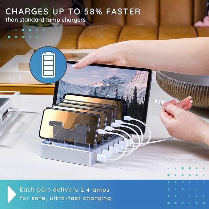Charging Station for Multiple Devices – 6-Port USB Charging Dock for Apple & Android – Fast Multi-Charger Organizer for Phones, Tablets & More (Silver)