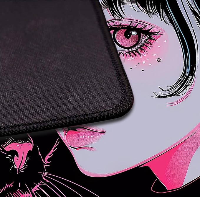 Cute Anime Black Cat Mouse Pad, Anime Aesthetic Table Pad XXL, Extended Mouse Pad Gaming Table Pad Laptop Keyboard Pad 35.4X15.7 Inch Anti Slip Rubber Base Stitching Edges ﻿