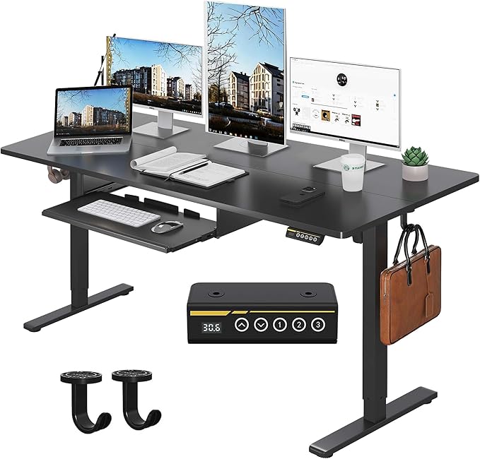 Electric Standing Desk with Keyboard Tray,55x24 inches Adjustable Height Stand Up Desk,3 Preset Heights,Equipped with Hooks,Raising Desks for Home Office and Computer Workstation,Black