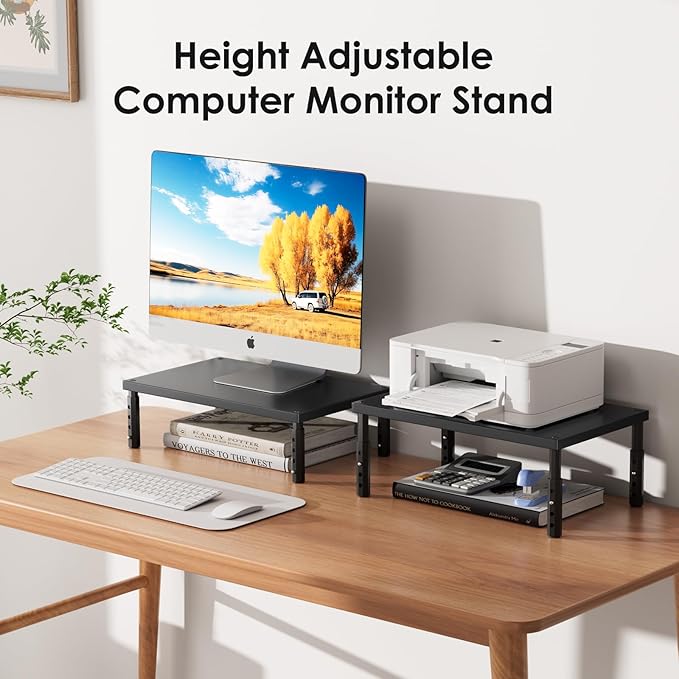 ECOLOVI Wood Laptop Stand for Desk, 4-Height Adjustable Computer Monitor Stand Riser for Desk Organizer and Accessories, Office Desk Accessories Workspace Organizer for Home Office Supplies, Black