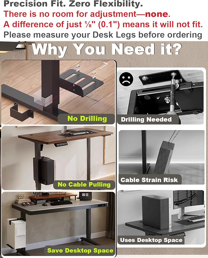 Under Desk PC Mount - No Drilling 40lb Capacity, Computer Holder Under Table, Adjustable Height and Width, Clamp-on Leg PC Mount for Standing Desks(Fits 65mm×45mm Legs only), with Non-Slip Pads, White