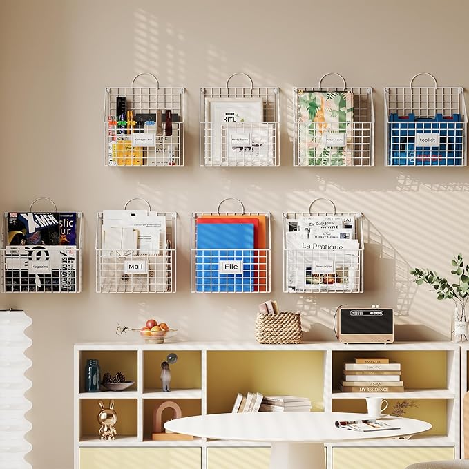 Yuzehuaza Wall File Organizer Metal Hanging File Organizer,Wall Mount File Holder, Magazine Rack and Mail Holder with Hooks for Home Office, 4 Packs, White(Patent Pending)