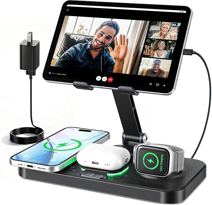 6 in 1 Charging Station for Apple Multiple Devices, Wireless Charging Station with Clock & 7 RGB Light, Foldable Wired Chargers for Multiple Devices for iPhone 17/16/15, iPad, Apple Watch, AirPods