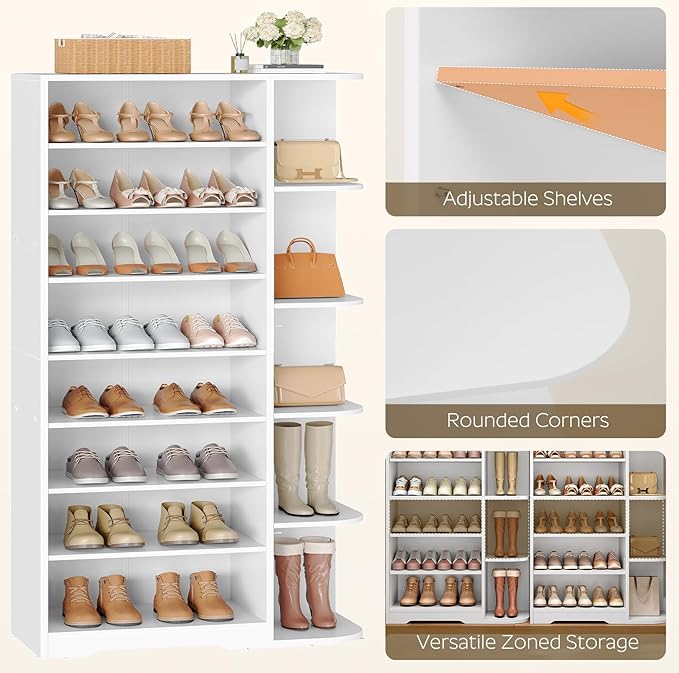 YATINEY Tall Shoe Rack, Multifunctional Shoe Cabinet with Open Storage, Entryway Shoe Organizer for Closet, 9-Tier Wooden Shoe Storage Closet with Adjustable Shelves, White SC22WT