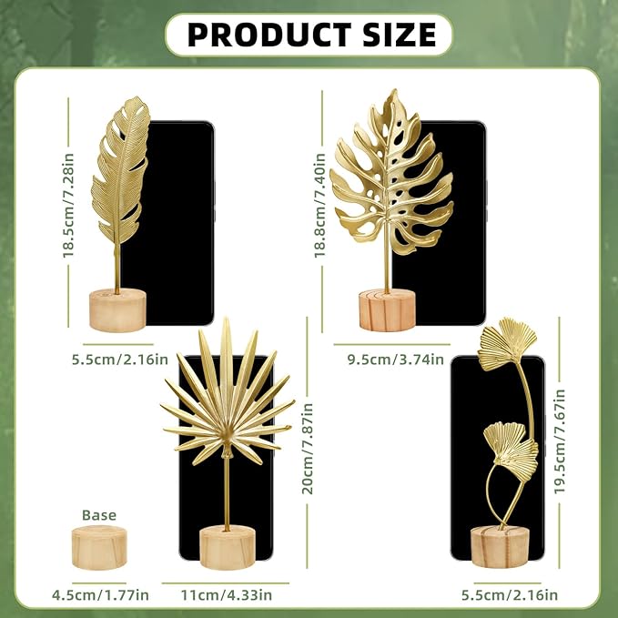 2PCS Mini Gold Leaf Sculpture Ornament, 7.5 in Metal Gold Palm Leaves Decor for Desk, Sideboards, Display Cabinet Filler, Iron Craft Ginkgo Leaf Decor with Wooden Base (Monstera+Palm Leaf)