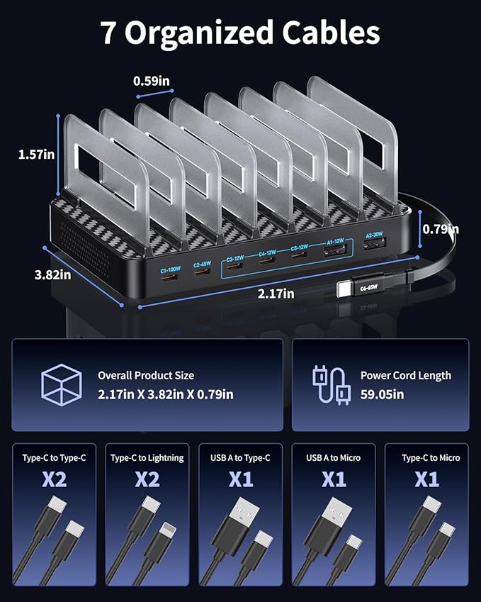 288W Multi Usb Charging Station, 8-Port charging station for multiple devices with Adjustable Dividers & 10 Cables,Multi-Purpose Desktop and wall Fast Charger, for iPhone, iPad, Android,Tablets & More