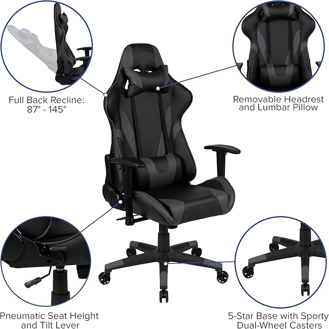 EMMA + OLIVER Black/Gray Gaming Desk Bundle - Cup/Headset Holder/Mouse Pad Top