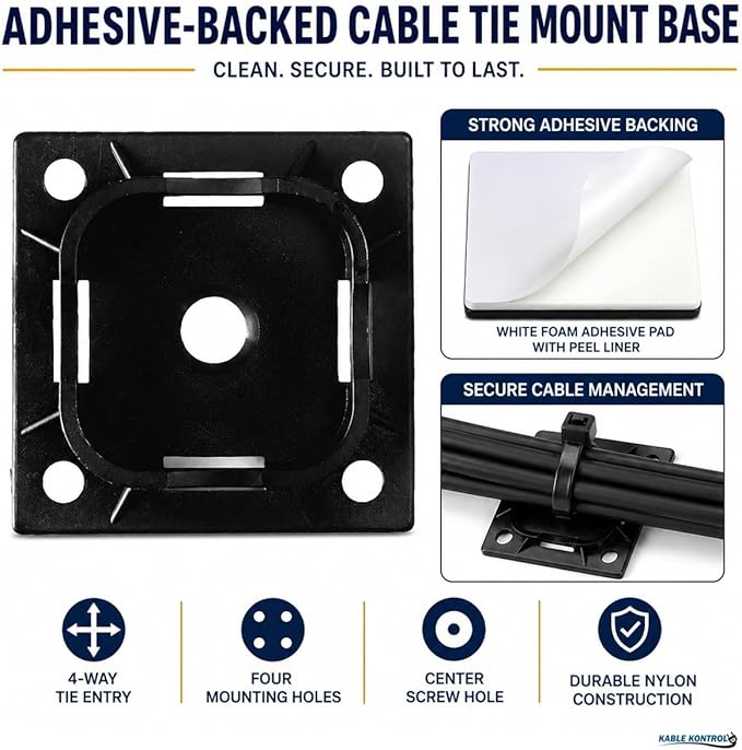 Kable Kontrol Zip Tie Mounts, 1-1/2” Sq, Black, 100 Pcs, Adhesive Backed Multi-Purpose UV-Resistant Mounting Squares Nylon Cable Tie Wrap Anchor Pads for Cable Management