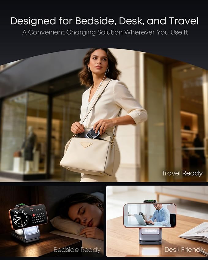 Qi2.2 25W 3-in-1 Foldable Magnetic Wireless Charging Station with 2-Level Night Light, Phone Charger Stand Compatible with iPhone 17/16/15/14/13/12, Apple Watch & AirPods, 45W Adapter Included