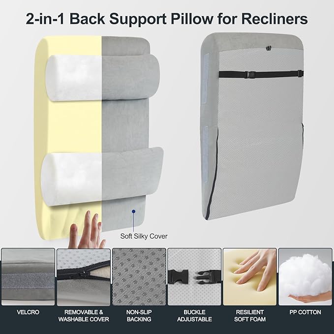 2-in-1 Neck & Lumbar Support Pillow with Adjustable Height and Ergonomic backrest Design, Suitable for recliners, Sofas, high-Back Rocking Chairs, Relieve Back Pressure.