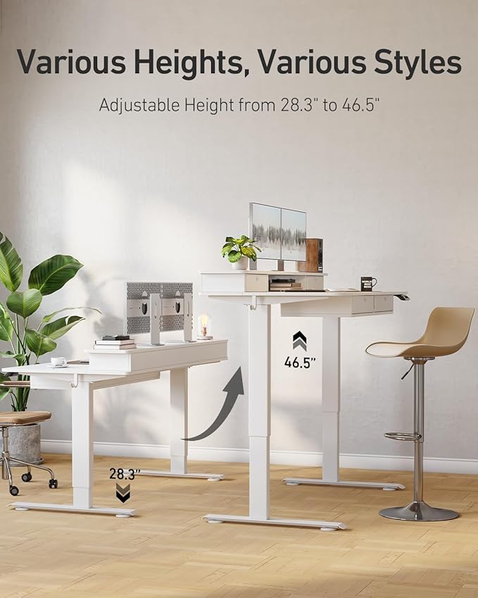FEZIBO 48 x 24 inch Standing Desk with Drawers, Height Adjustable Electric Workstation, Computer Sit Stand Up Table with Large Storage Shelf 4 Drawers and 2 Hooks, White