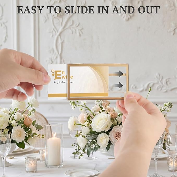 EHWINE 60 Pack Gold Acrylic Sign Holders, 3.5 x 2 Inch Slanted L-Shaped Name Tag & Price Label Display Stand for Wedding Table, Boutique, Retail Counter, Trade Show
