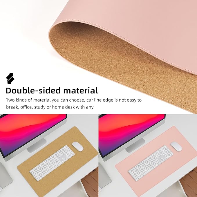 AFIING Cork Desk Mat 23.6 x 13.7, Dual-Sided Cork & PU Leather Desk Pad, Waterproof Non-Slip Desk Protector for Home Office, Study Desk & Minimalist Workspace Pink