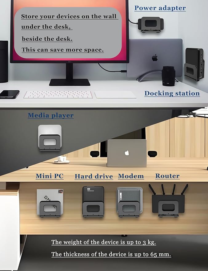 Adjustable Wall Mount Shelf Holder for Mini pc, WiFi Router, Modem, Universal Cable Box Mount Fit for Mac mini, TV Box, Media Players and Other Devices with Thickness Up to 65 mm (Black)