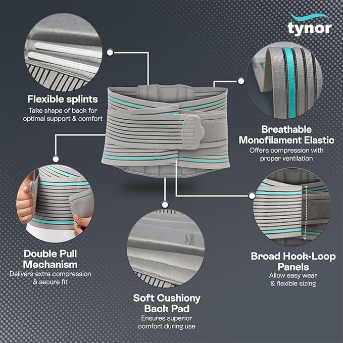 TYNOR Lumbar Support Belt Breathable Compression Lower Back Brace, Adjustable Waist Lumbar Support Brace for Men & Women, Herniated Disc, Sciatica, Back Pain & Heavy Lifting (XL, Grey)