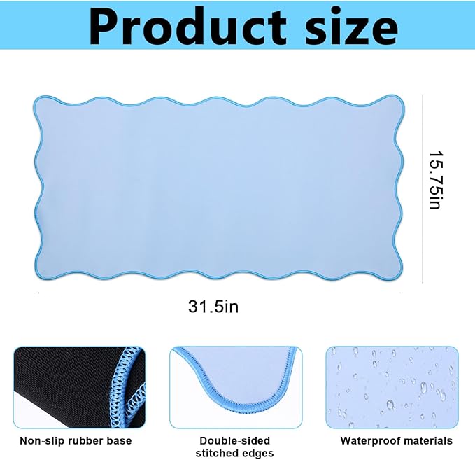Scalloped Desk Mat 31.5" x 15.7" Large Cute Desk Mat for Desktop, Waterproof Scalloped Aesthetic Table Pad, Non-Slip Mouse Keyboard Pads Computer Accessories for Desk Office Home Gaming