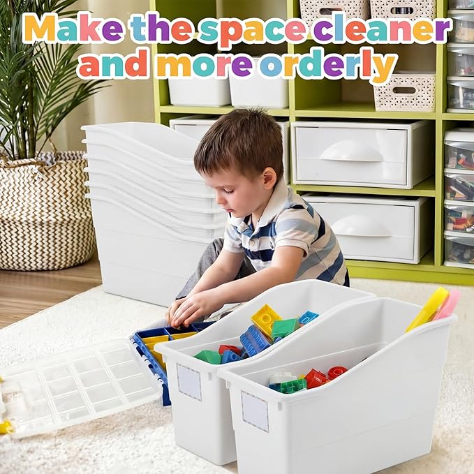 Suzile 12 Pcs Book Bins with Labels Linking Storage Bins Folder Magazine File Holder Interlocking Plastic Book Organizer Container for Office Classroom Home (White)