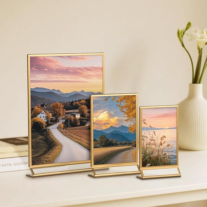 Petallush 6PCS Gold Acrylic Picture Frame Stands Holders for Tables Display 4x6, Double Sided Acrylic Wedding Table Number Sign Holder, Clear Menu Flyer Paper Holder for Wedding Party Decor