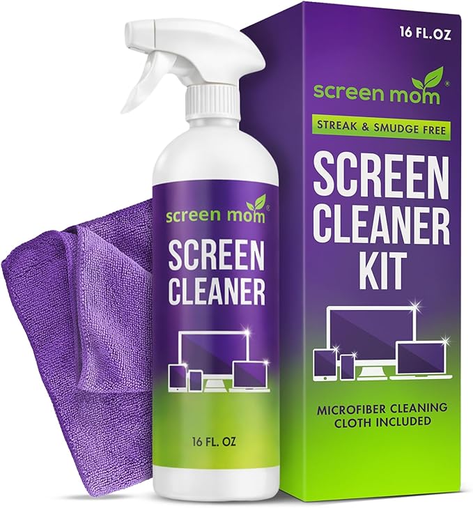 Screen Mom Screen Cleaner Spray and Microfiber Cloth 16oz Screen Cleaner Spray and Wipe for TV, Laptop, Computer, Phone, iPad, Car Screen Cleaning Kit Electronic Cleaner Spray