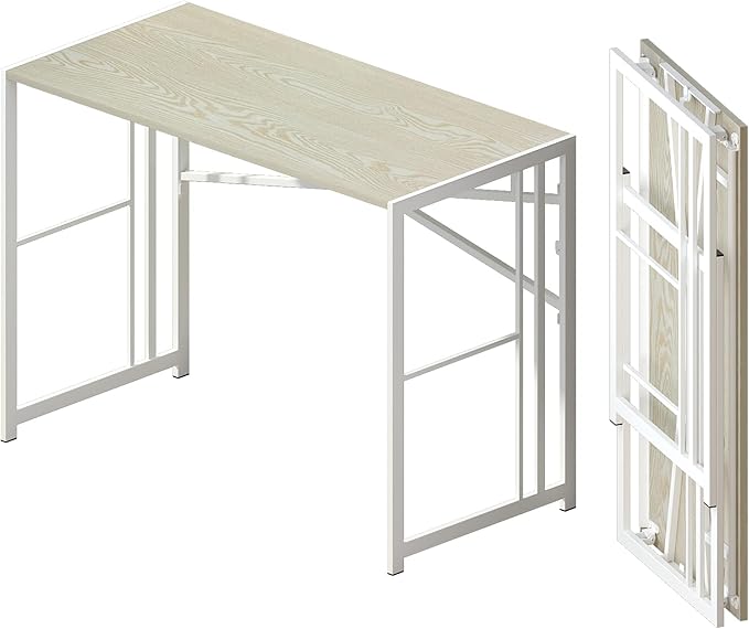 Lutown-Teen 40 inch Folding Desk, Writing Gaming Computer Camping Desk, No Assembly Required Home Office Table, Natural and White