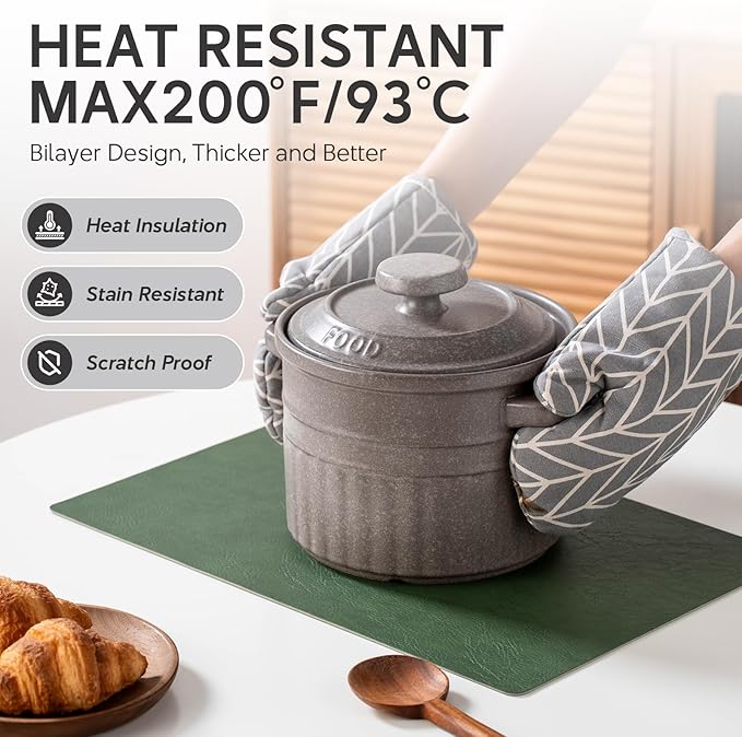 Placemats Set of 4 Reversible Dual-Color Table Placemats, Faux Leather 100% Waterproof Oil-Proof Wipeable Place Mats, Heat Resistant Dual Sided Table Mats for Kitchen/Dining/Party (Green&Gray