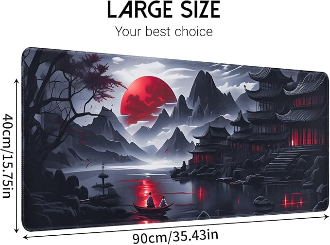 FreeNook Black Mouse Pad Gaming Keyboard Pad 35.4 x 15.7 in Computer Mouse Pad Anime Gaming Mousepad, Expanded Architecture Cool Desk Pad, Japanese Red Moon Large MousePads Suitable for Home Office