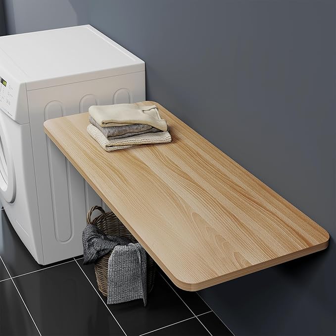 Neoaider Wall Mounted Folding Table 47.2”L x 19.7”W, Laundry Folding Table with Heavy Duty Metal Collapsible Shelf Brackets, Wall Mounted Desk Fold Down for Small Spaces, Wood Color