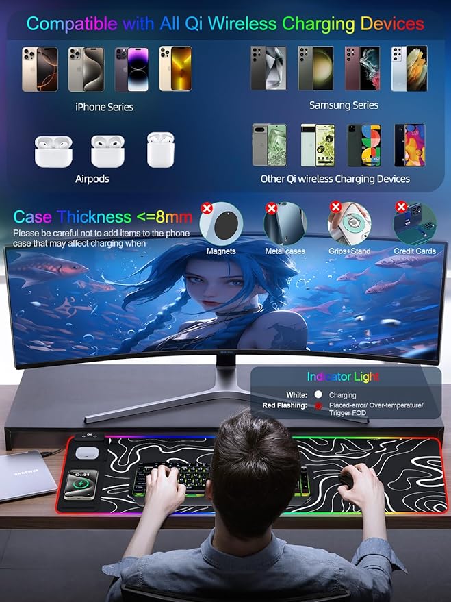 XXL Mouse Pad with Phone Holder - Black, RGB Desk Mat with 15W Fast Charging, LED Gaming Mousepad with 11 Light Colors, Waterproof Non-Slip Pad for Office & Home (Topographic)