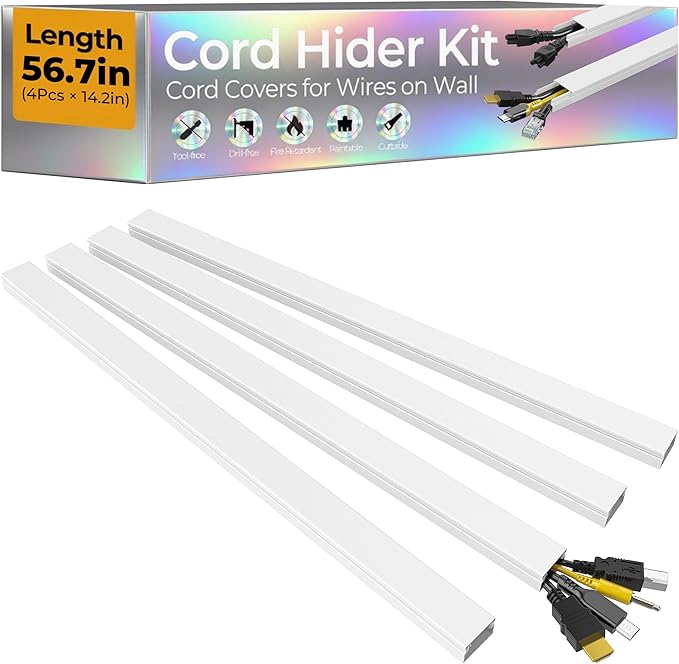 56.7in Cable Hider Cord Hider, Wire Covers for 2-4 Cords on Wall, Premium Cord Covers for Wires on Wall, Easy Set-up Wire Hider to Hide Tv Wires, Lamp, Speaker Cords, W0.95 H0.55in, White